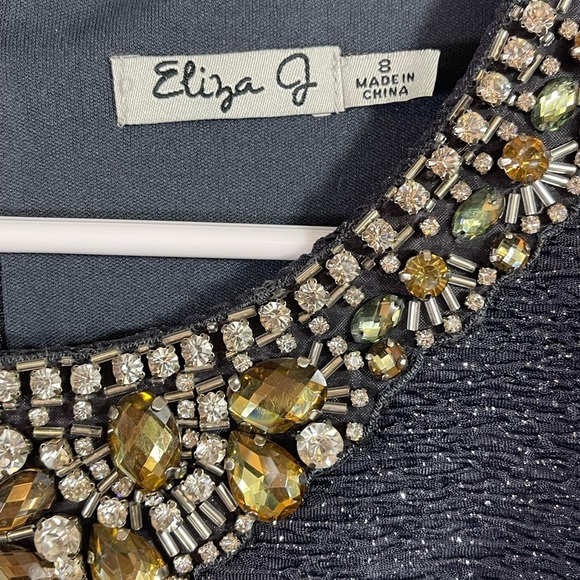 Eliza J 8 Gray Beaded Side Ruched Sleeveless Dress Metallic Embellished party - Picture 4 of 7